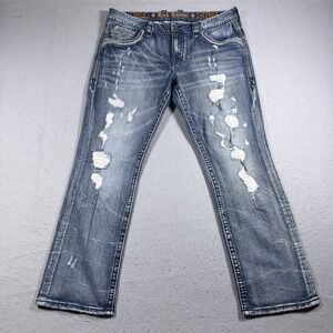 Rock Revival Maldon Straight Jeans Mens 38x32 Blue Distressed Embroidered Denim
